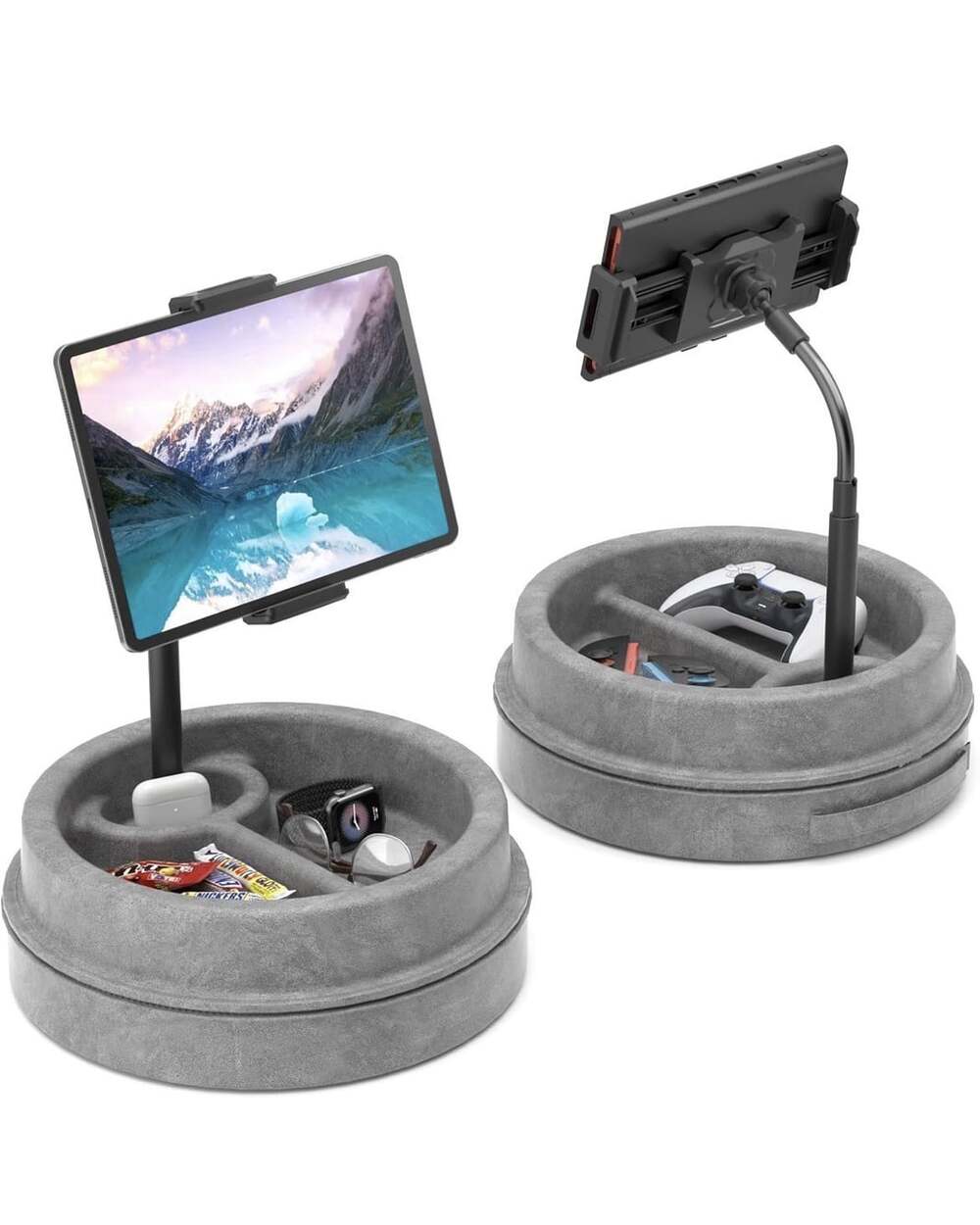 NEW Tablet Pillow Stand w/ Storage Tray Gooseneck 360 Rotating Clip Gray